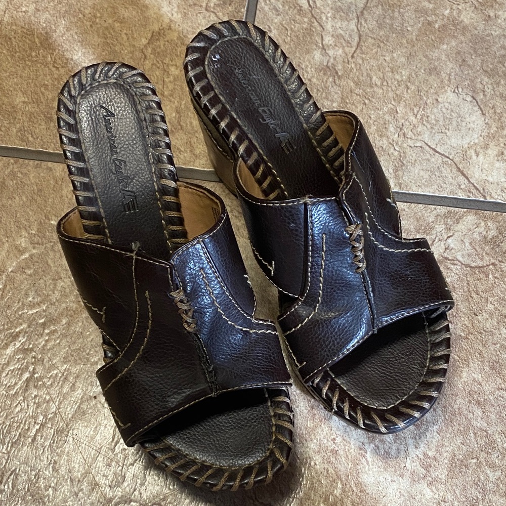 American Eagle Outfitters Brown Cork Wedge Sandals Contrast Stitching 6 Summer